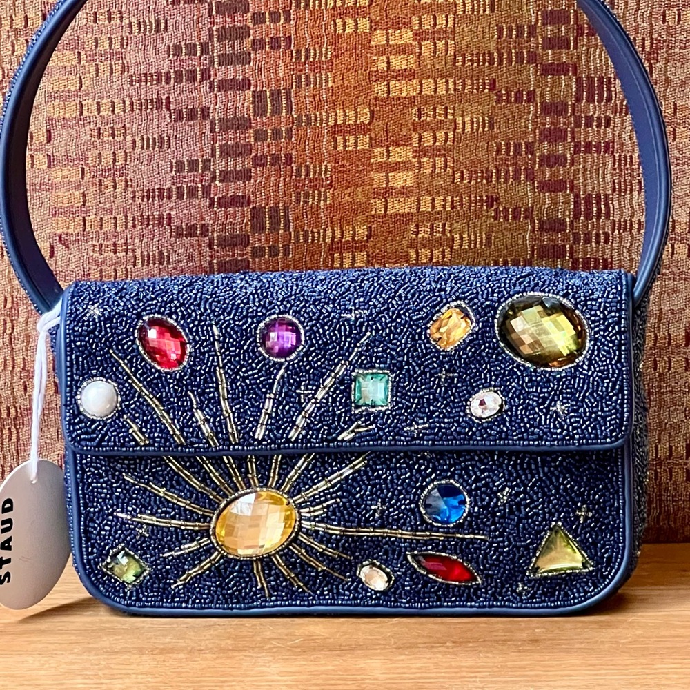 πΊπHPππΊ NWT Staud Beaded Tommy Shoulder Bag Navy Celestial π Rare π - Picture 1 of 16